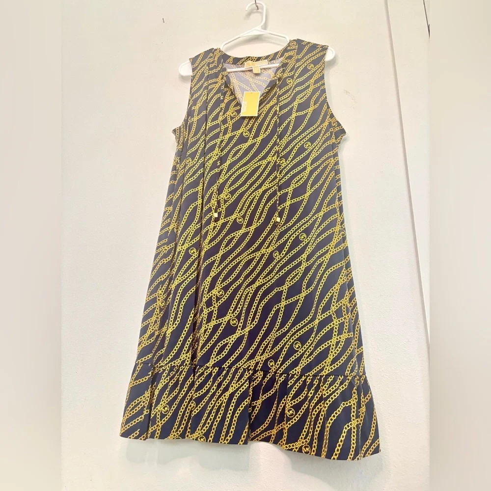 MICHAEL KORS NWT NAVY & GOLD CHAIN PRINTED MIDI DRESS SZ 2X